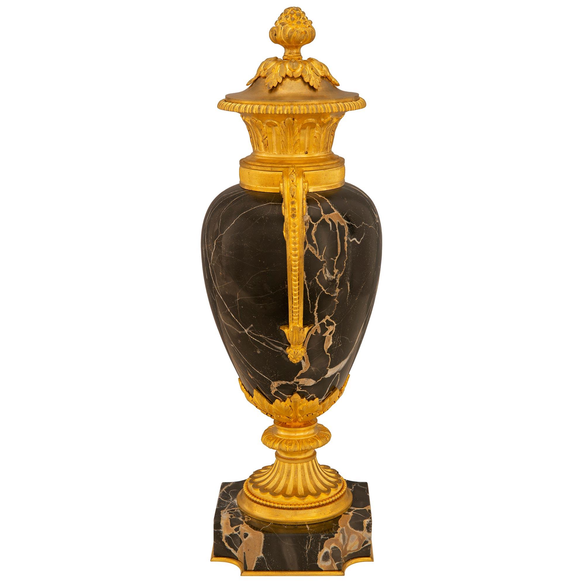 19th Century Pair of French 19th Louis XVI St. Ormolu and Portoro Marble Lidded Urns For Sale