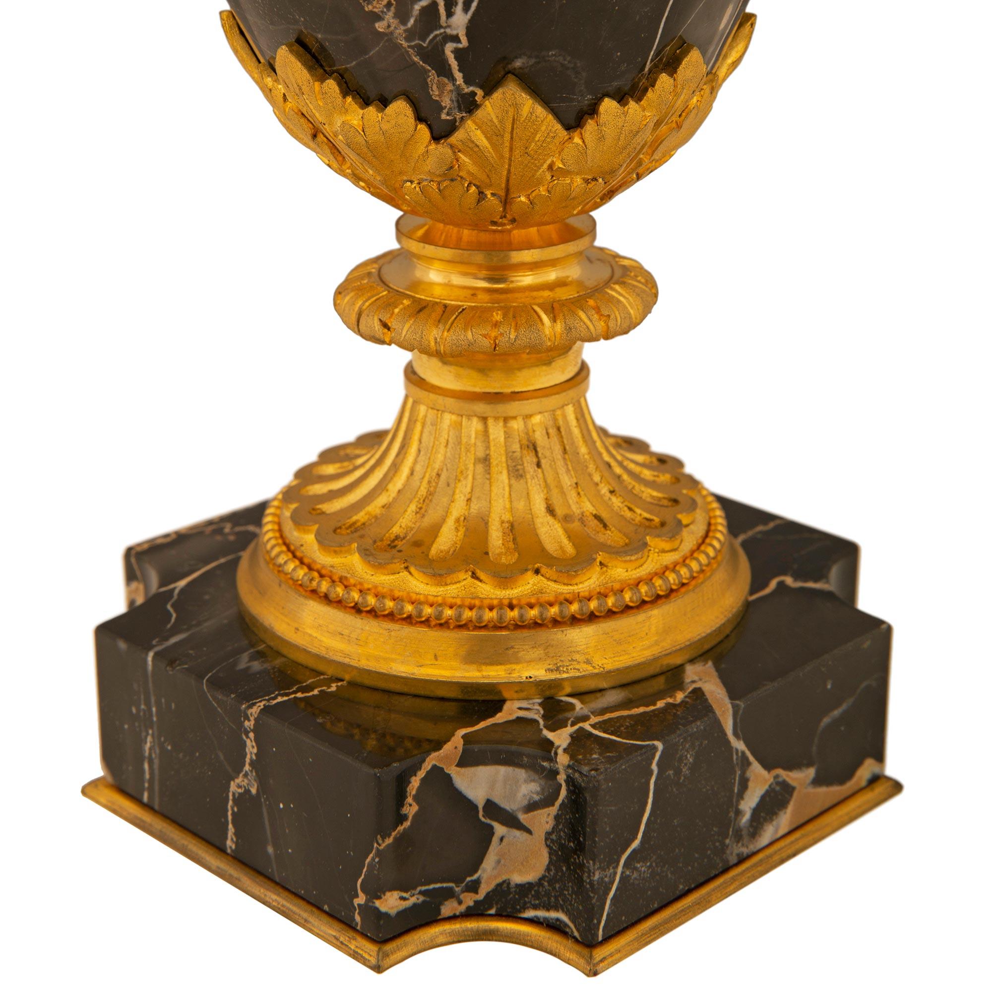 Pair of French 19th Louis XVI St. Ormolu and Portoro Marble Lidded Urns For Sale 3