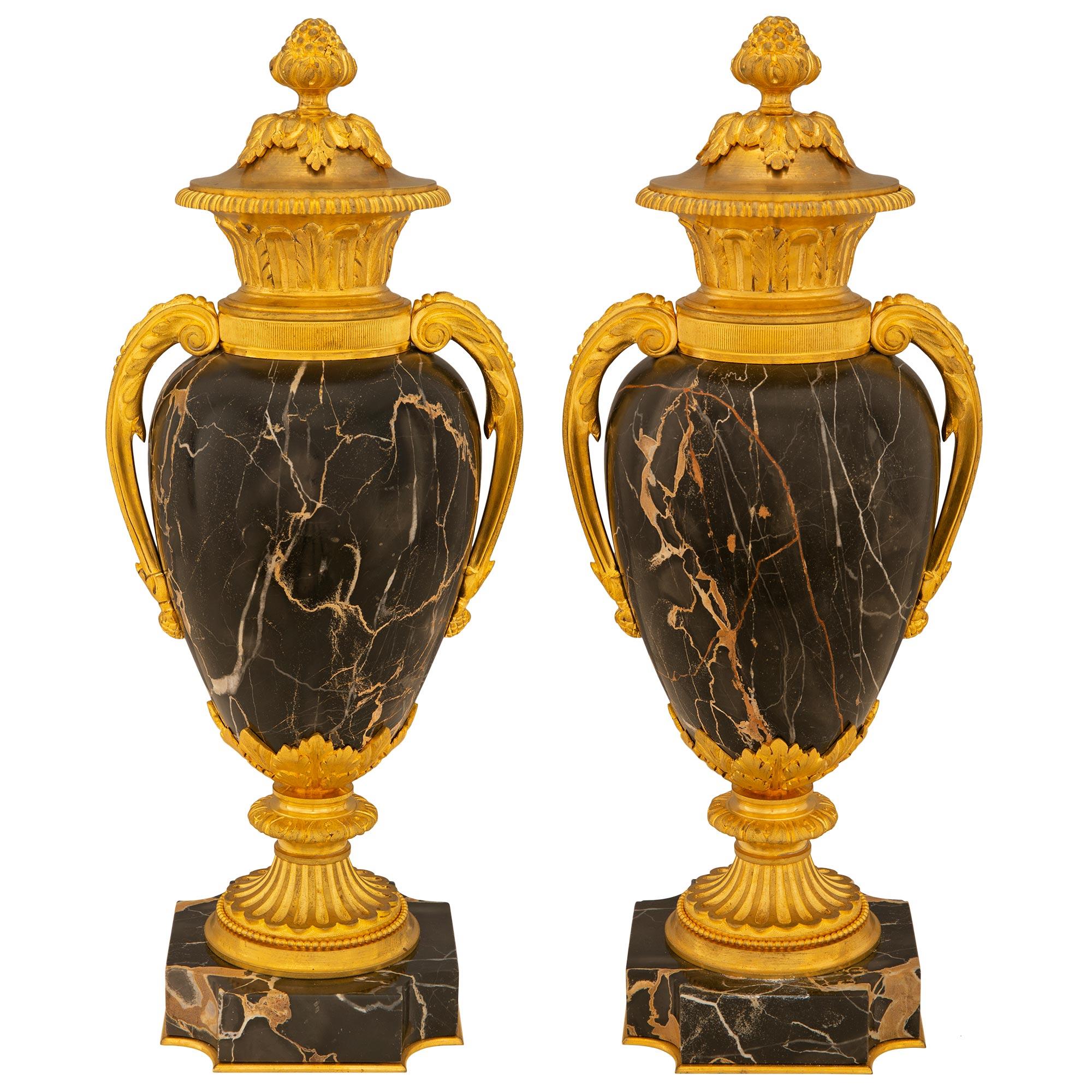 Pair of French 19th Louis XVI St. Ormolu and Portoro Marble Lidded Urns For Sale 4