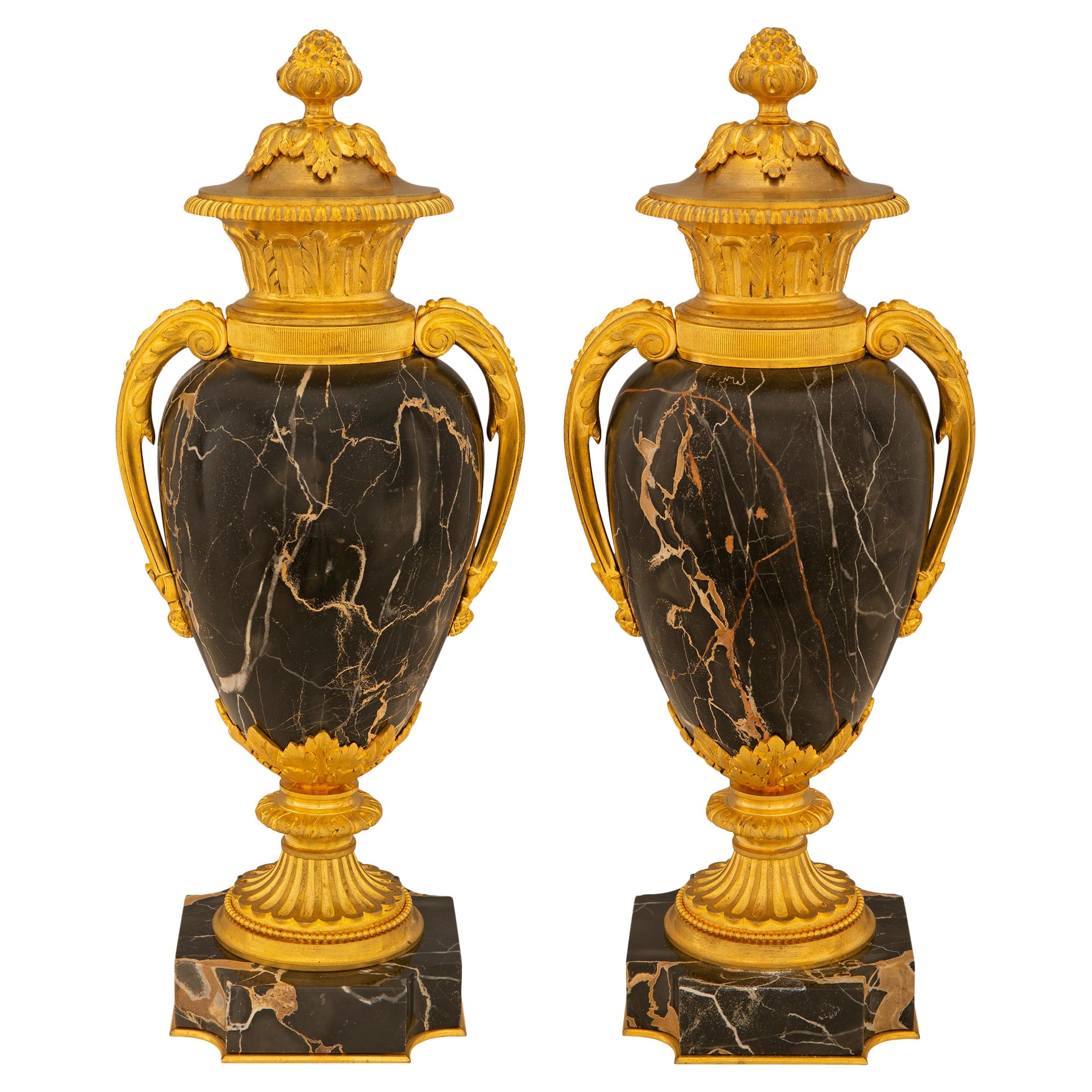 Pair of French 19th Louis XVI St. Ormolu and Portoro Marble Lidded Urns