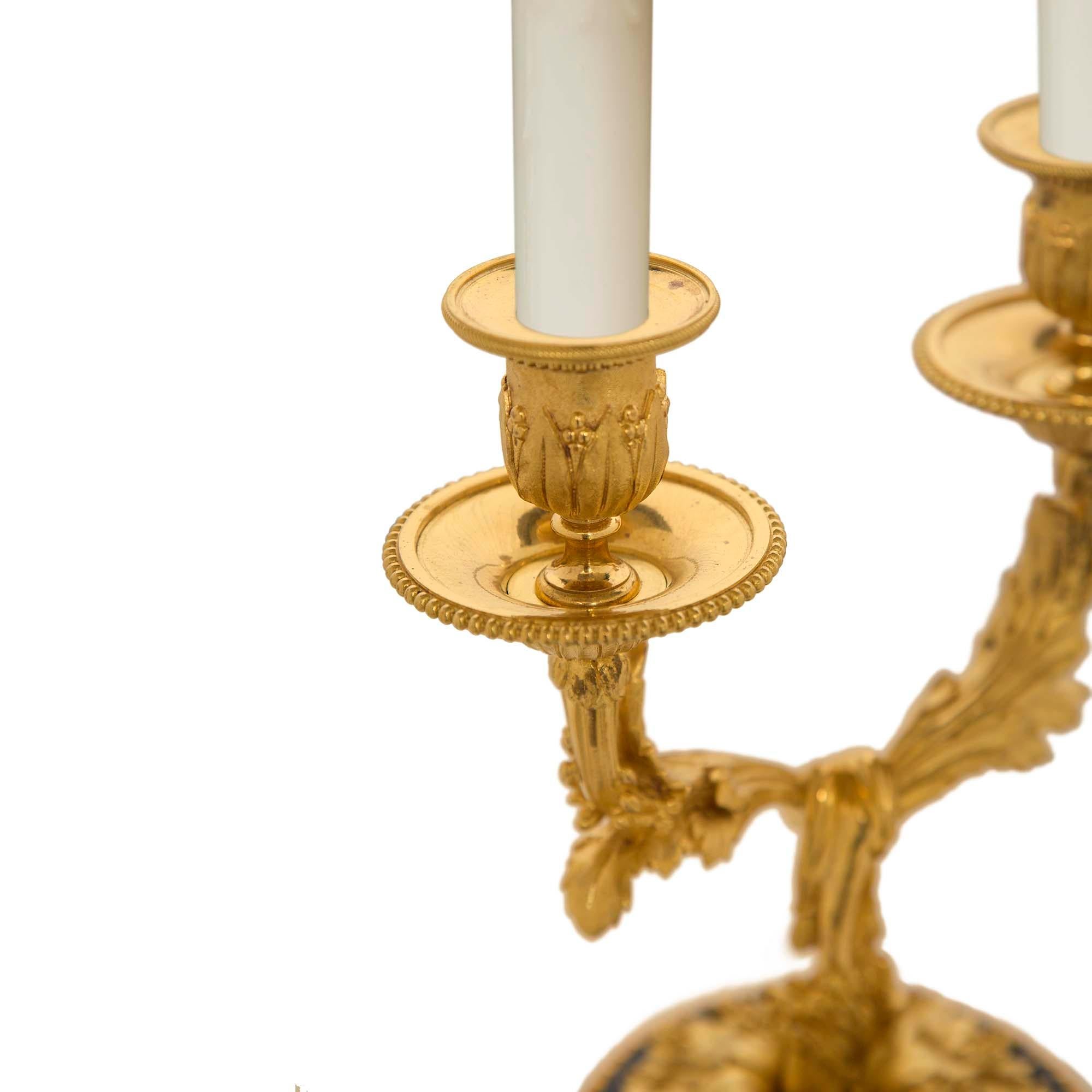 Pair of French 19th Louis XVI Style Blue Turquin and Ormolu Two-Arm Candelabras For Sale 2