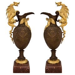 Antique pair of French 19th Renaissance st. Ormolu, patinated Bronze and Marble ewers