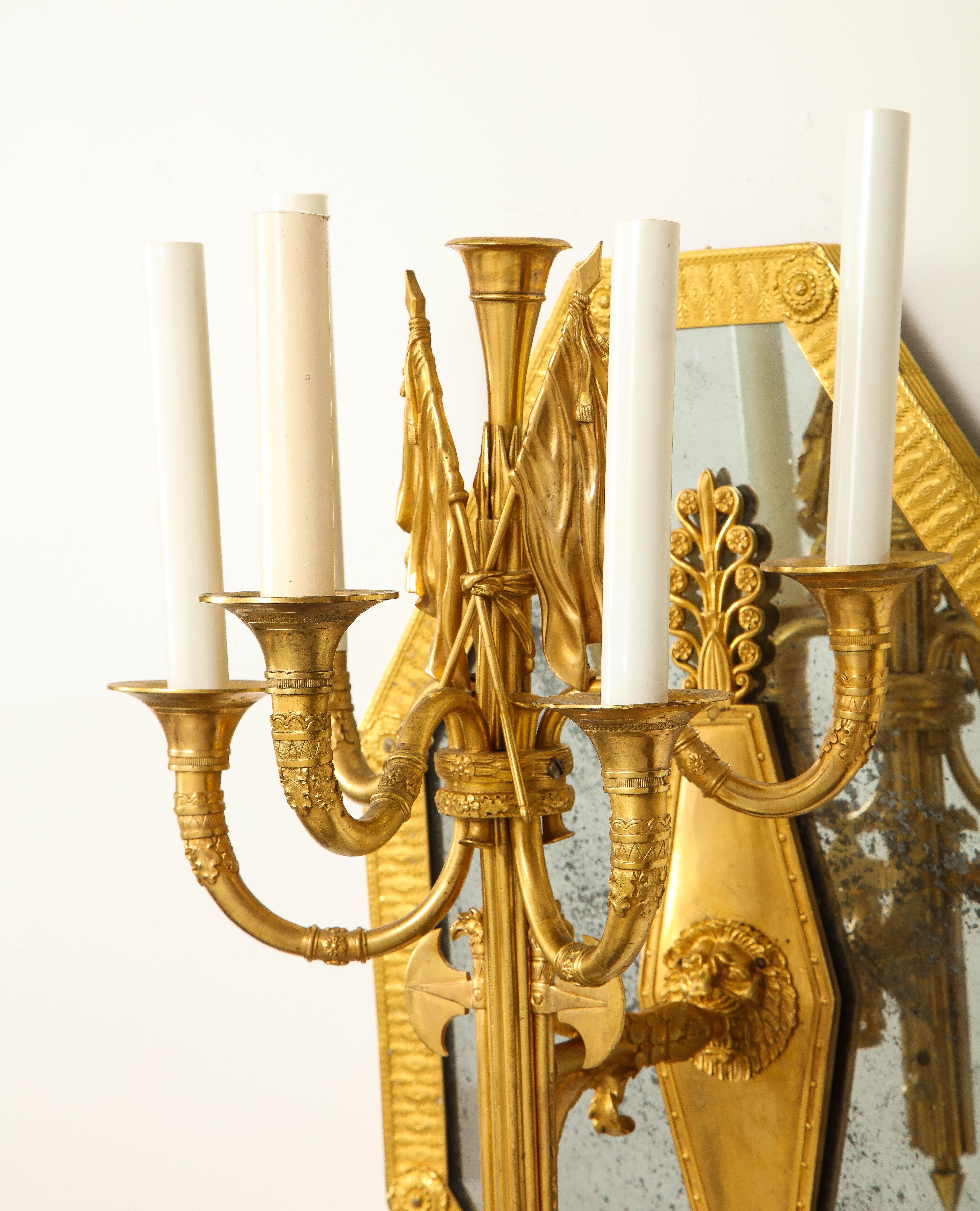 Pair of French 1st Empire Dore Bronze Mtd. 5-Arm Mirrored Sconces, Att. Thomire For Sale 14