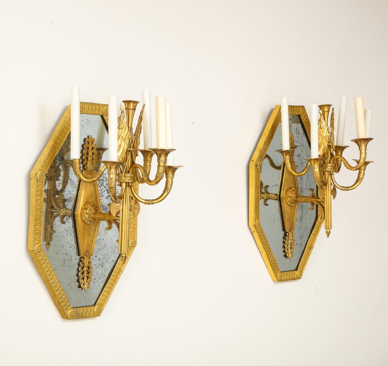 Hand-Carved Pair of French 1st Empire Dore Bronze Mtd. 5-Arm Mirrored Sconces, Att. Thomire For Sale