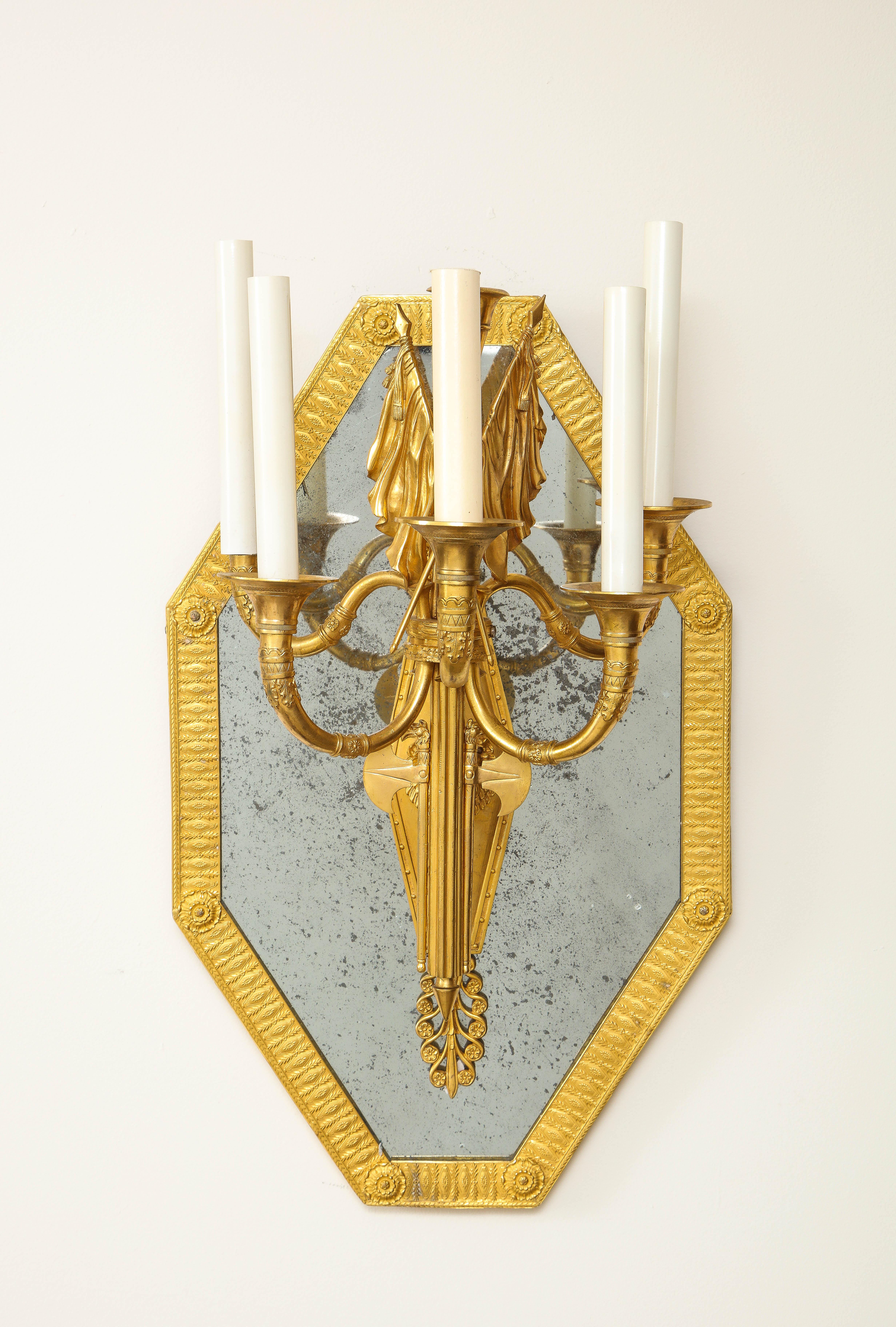 Gilt Pair of French 1st Empire Dore Bronze Mtd. 5-Arm Mirrored Sconces, Att. Thomire For Sale