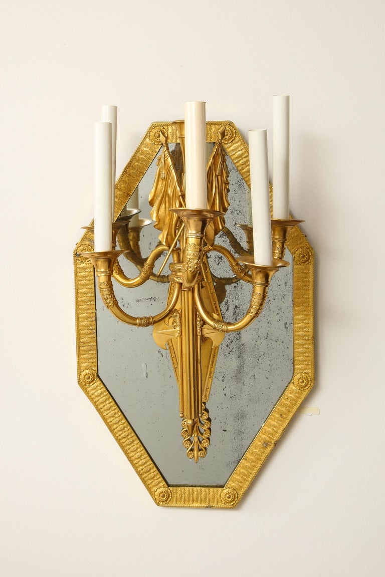Early 19th Century Pair of French 1st Empire Dore Bronze Mtd. 5-Arm Mirrored Sconces, Att. Thomire For Sale