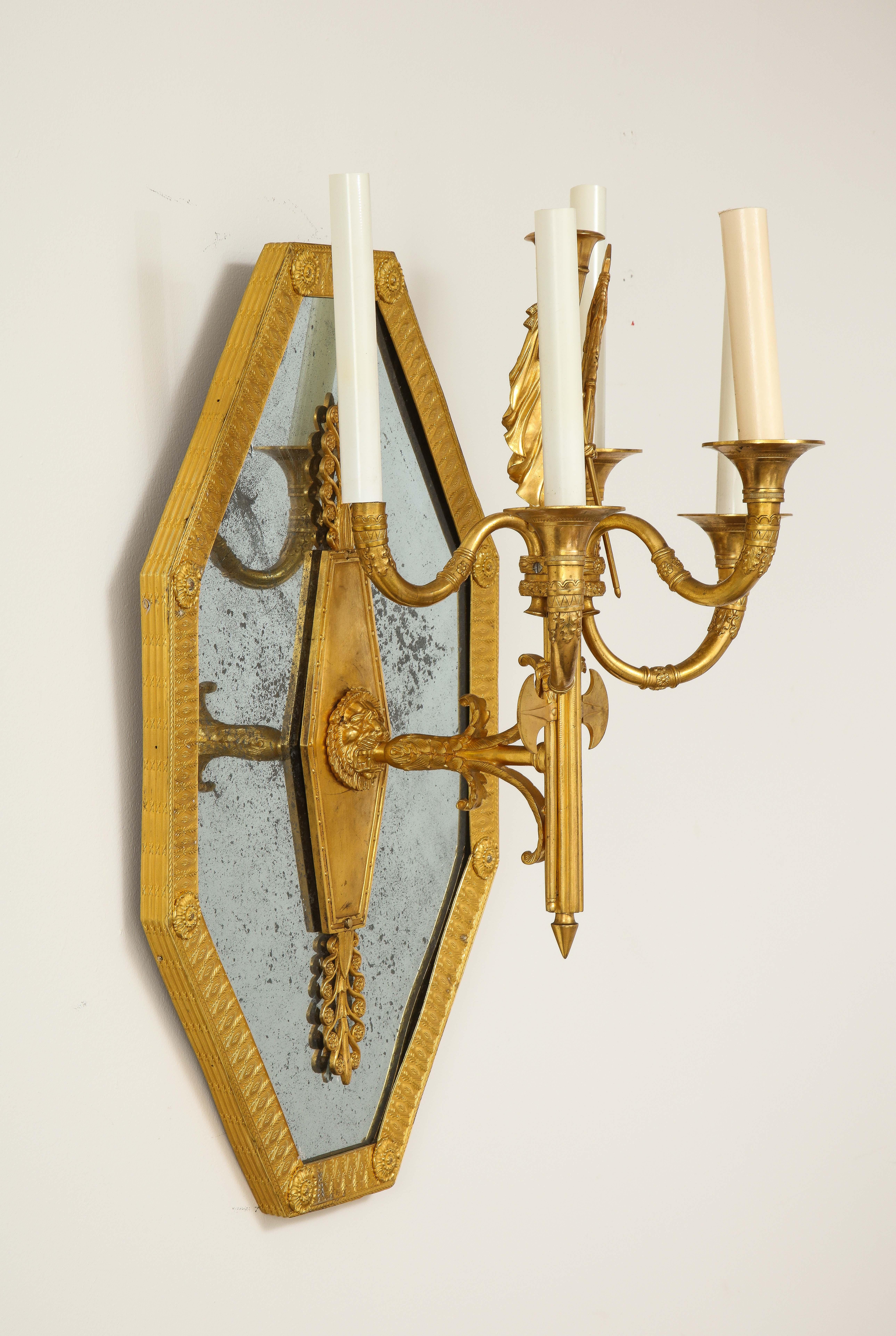 Early 19th Century Pair of French 1st Empire Dore Bronze Mtd. 5-Arm Mirrored Sconces, Att. Thomire For Sale