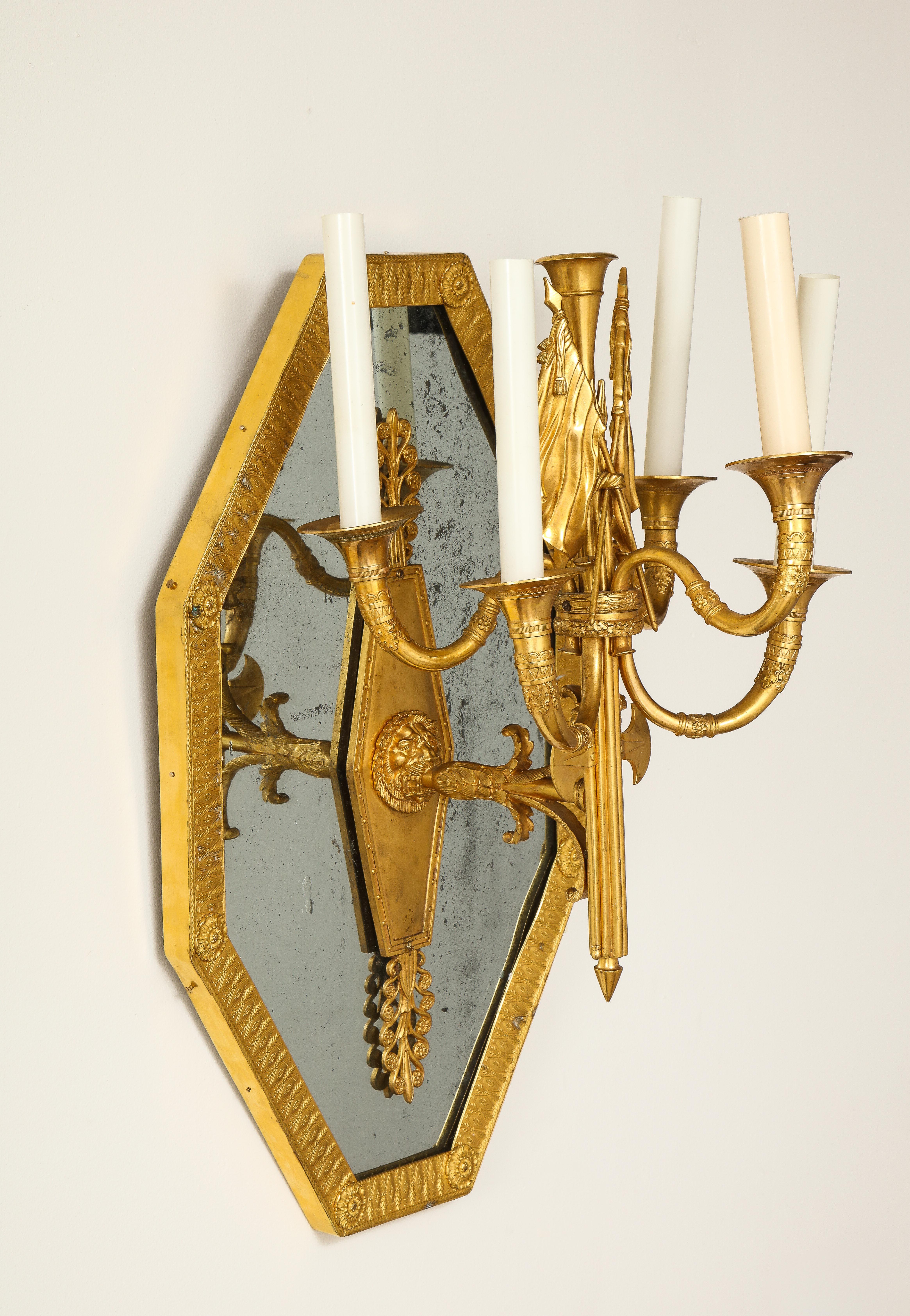 Pair of French 1st Empire Dore Bronze Mtd. 5-Arm Mirrored Sconces, Att. Thomire For Sale 1