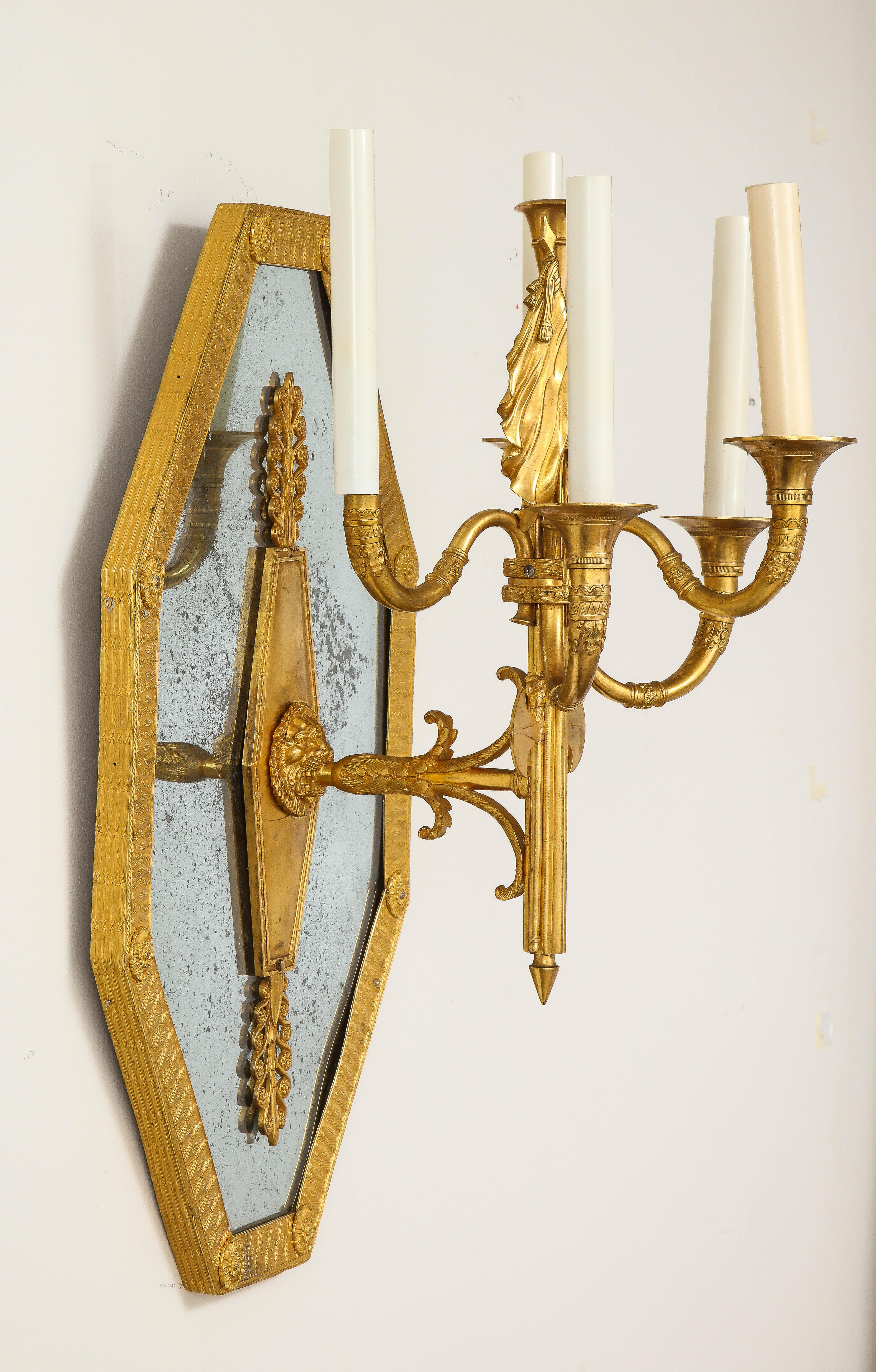 Pair of French 1st Empire Dore Bronze Mtd. 5-Arm Mirrored Sconces, Att. Thomire For Sale 3