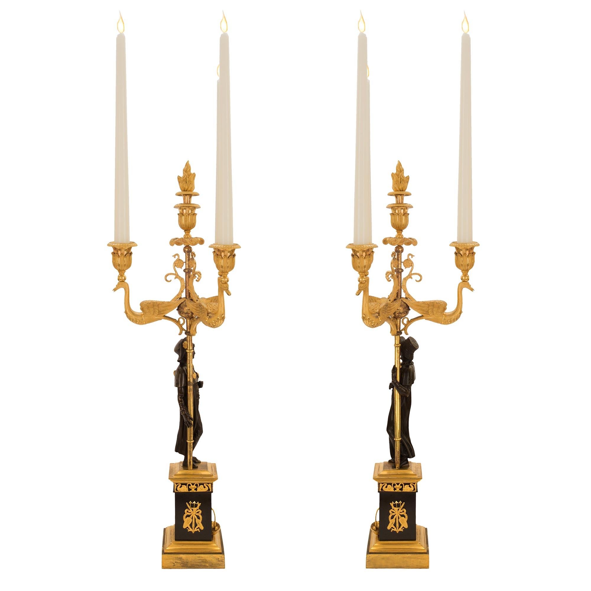 Patinated Pair of French 1st Empire Period Bronze and Ormolu Three-Light Candelabras For Sale