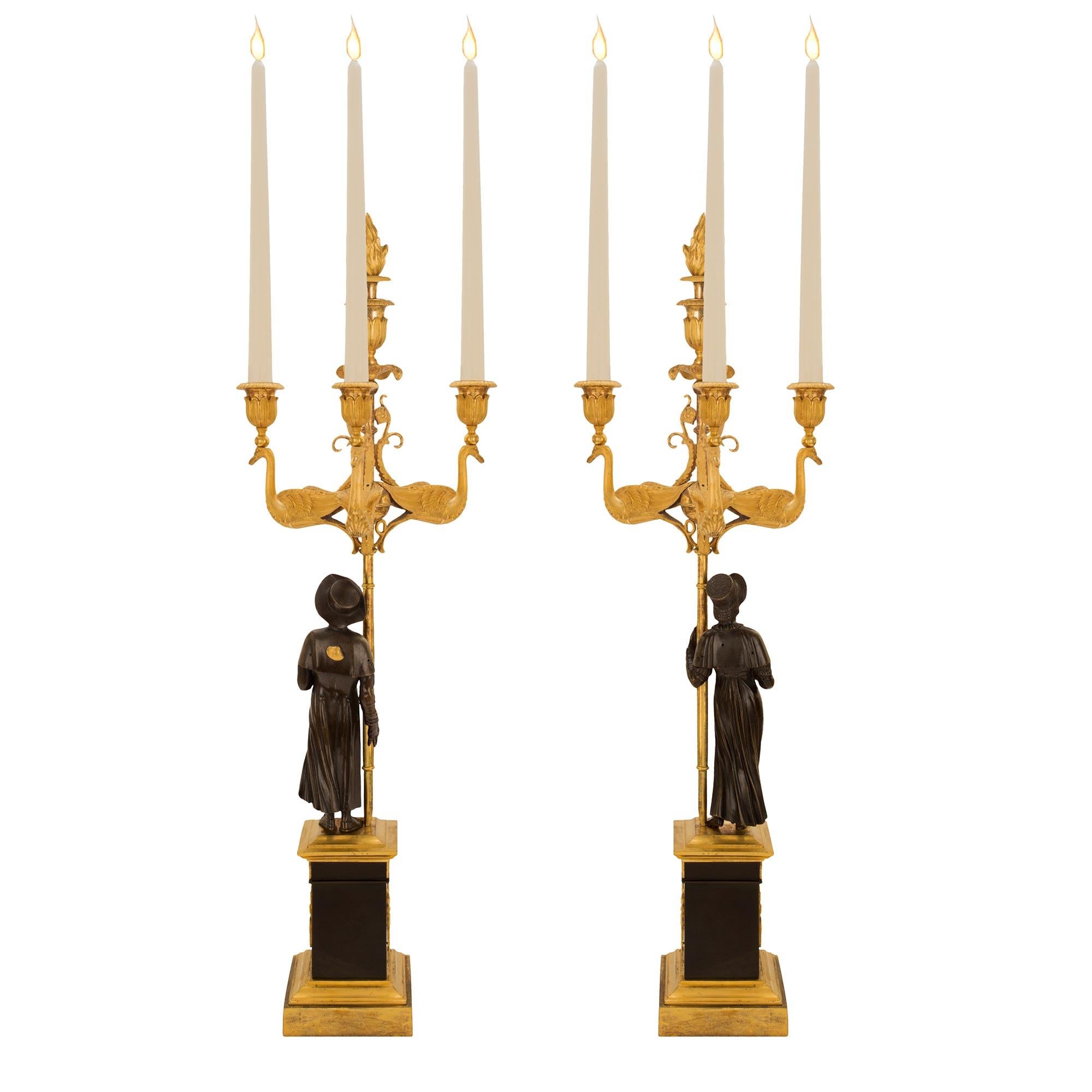 Pair of French 1st Empire Period Bronze and Ormolu Three-Light Candelabras In Good Condition For Sale In West Palm Beach, FL