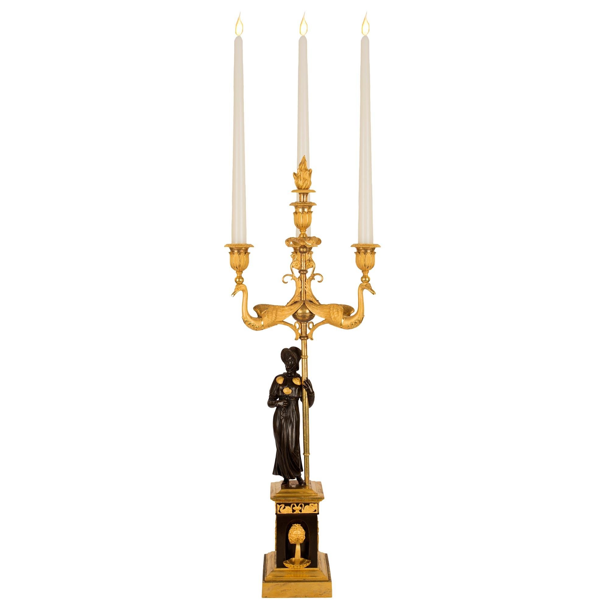 19th Century Pair of French 1st Empire Period Bronze and Ormolu Three-Light Candelabras For Sale