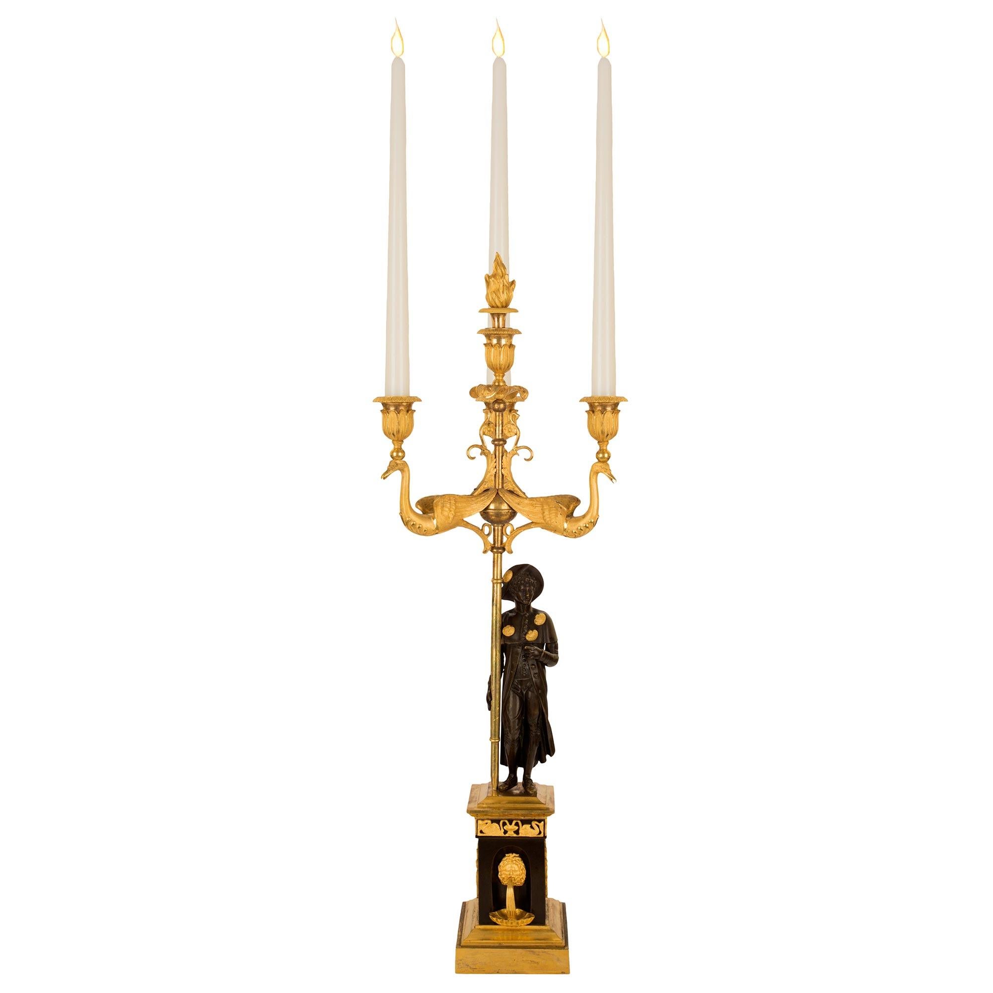 Pair of French 1st Empire Period Bronze and Ormolu Three-Light Candelabras For Sale 1