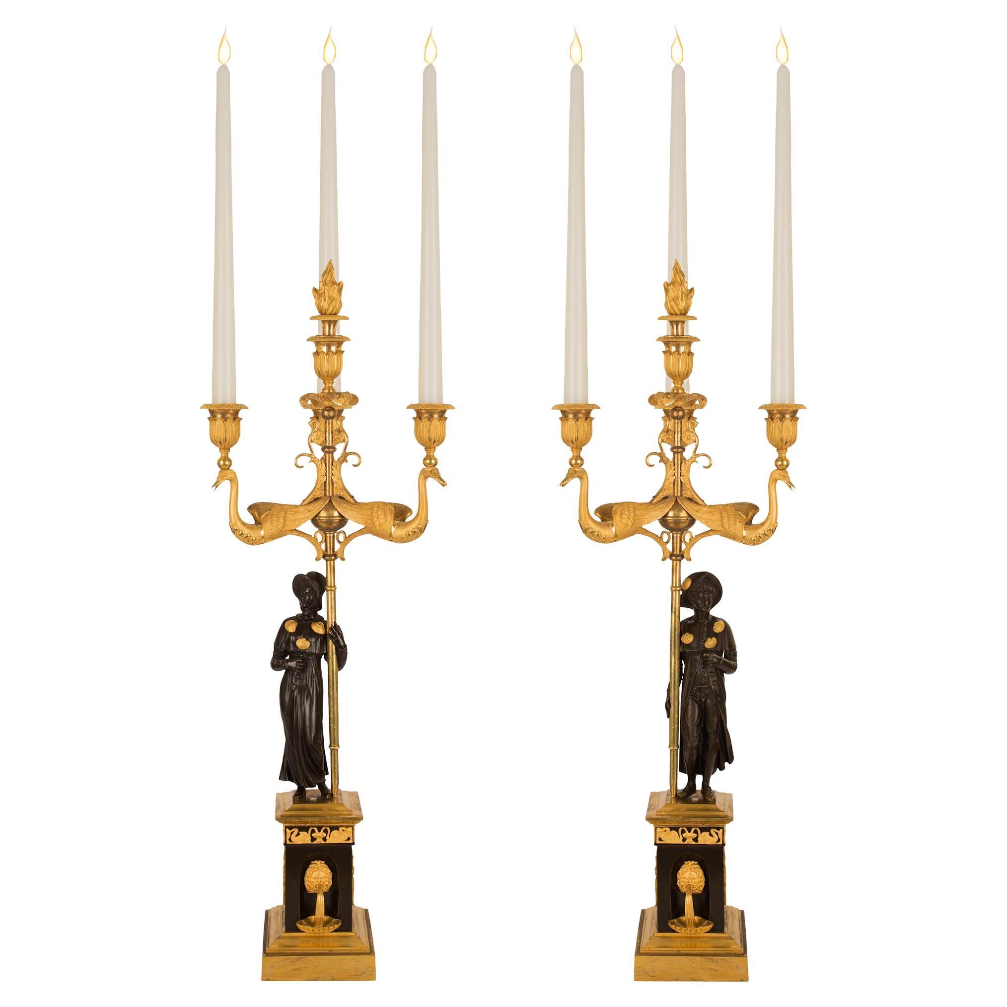 Pair of French 1st Empire Period Bronze and Ormolu Three-Light Candelabras For Sale