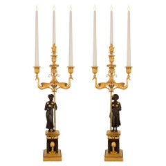 Pair of French 1st Empire Period Bronze and Ormolu Three-Light Candelabras