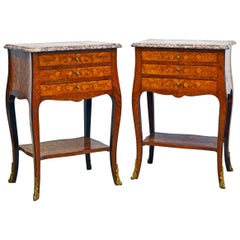 Pair of French 20th Cent. Louis XV Style Three-Drawer Marble-Top Petite Commodes