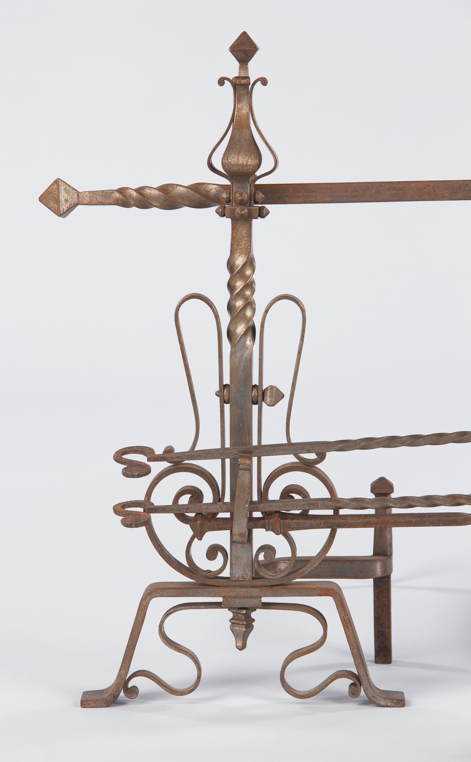Iron Pair of French 20th Century Andirons with Accessories