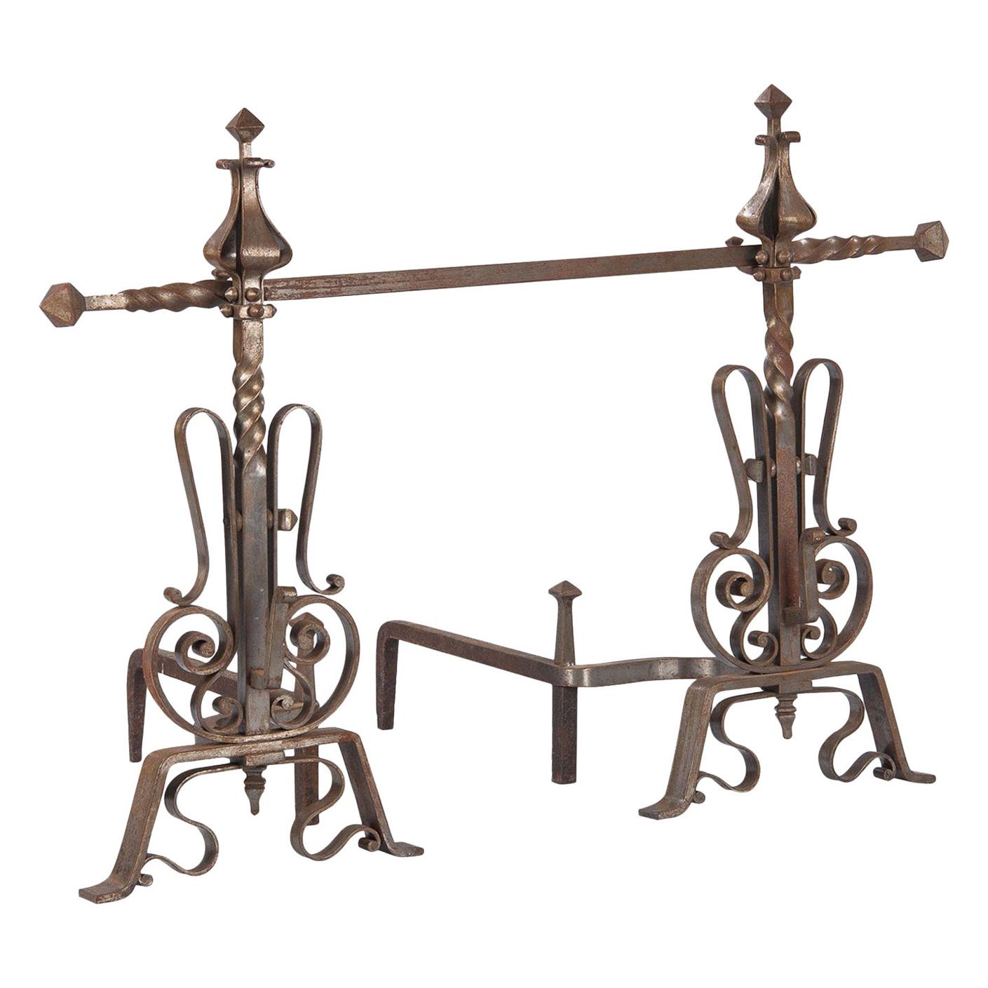 Pair of French 20th Century Andirons with Accessories