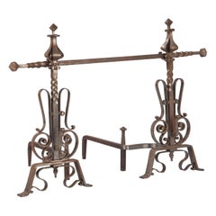 Pair of French 20th Century Andirons with Accessories