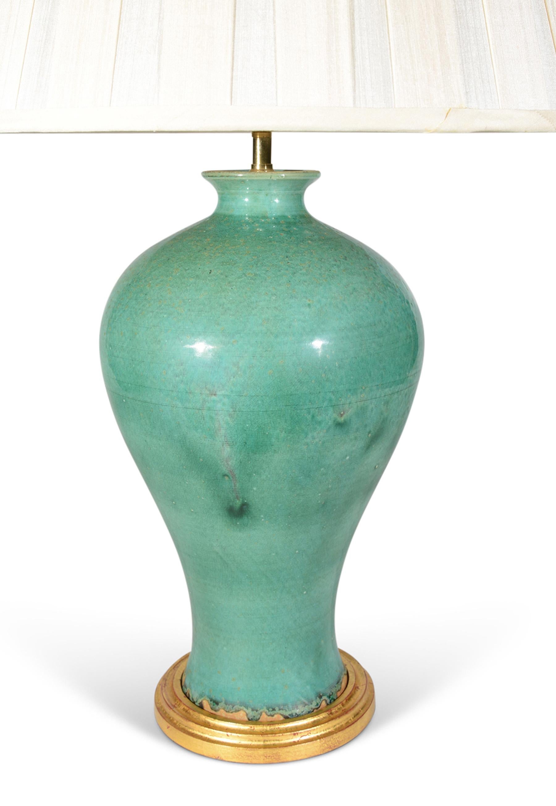Glazed Pair of French 20th Century Antique Green Table Lamps For Sale