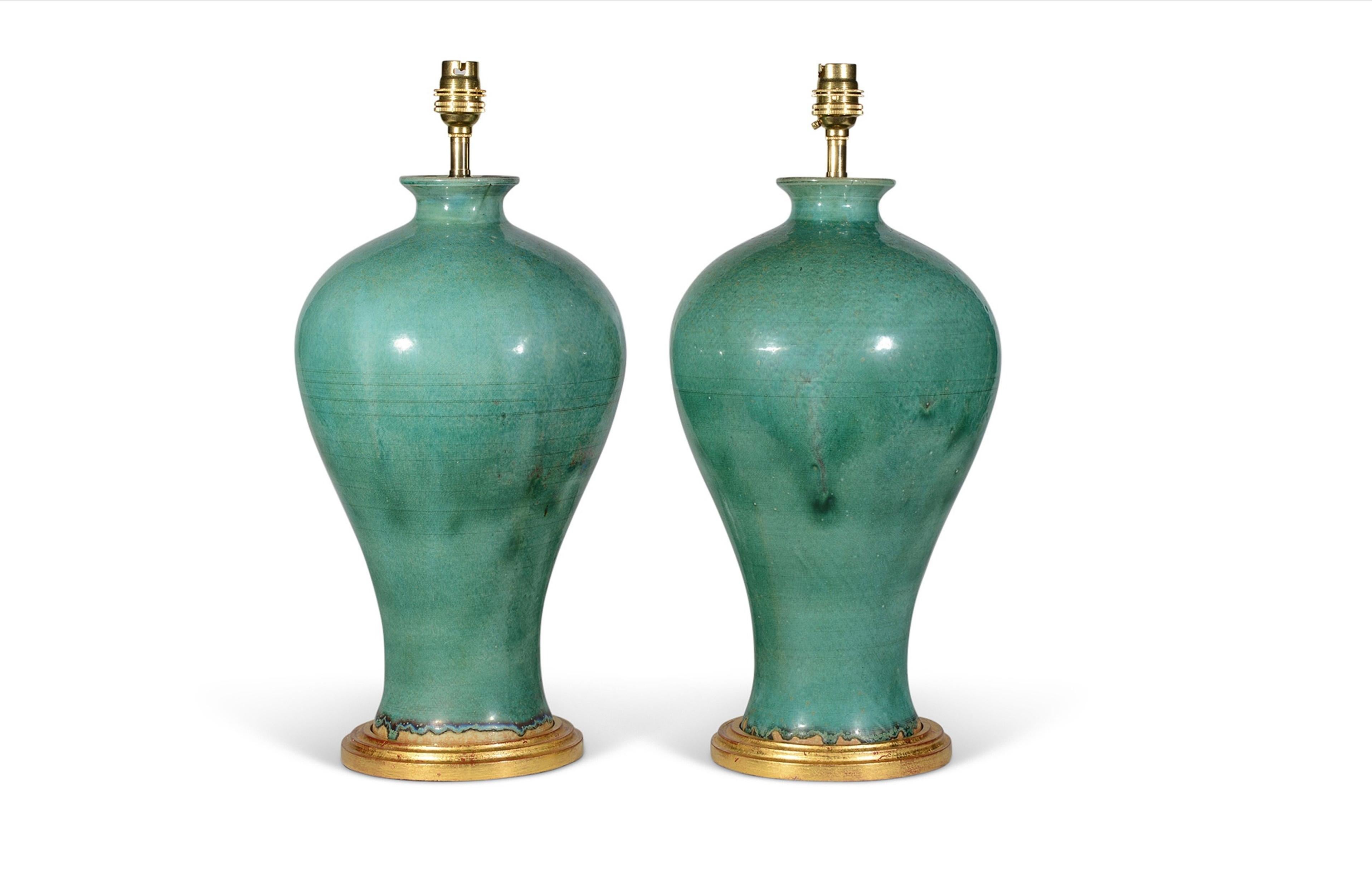 Ceramic Pair of French 20th Century Antique Green Table Lamps For Sale