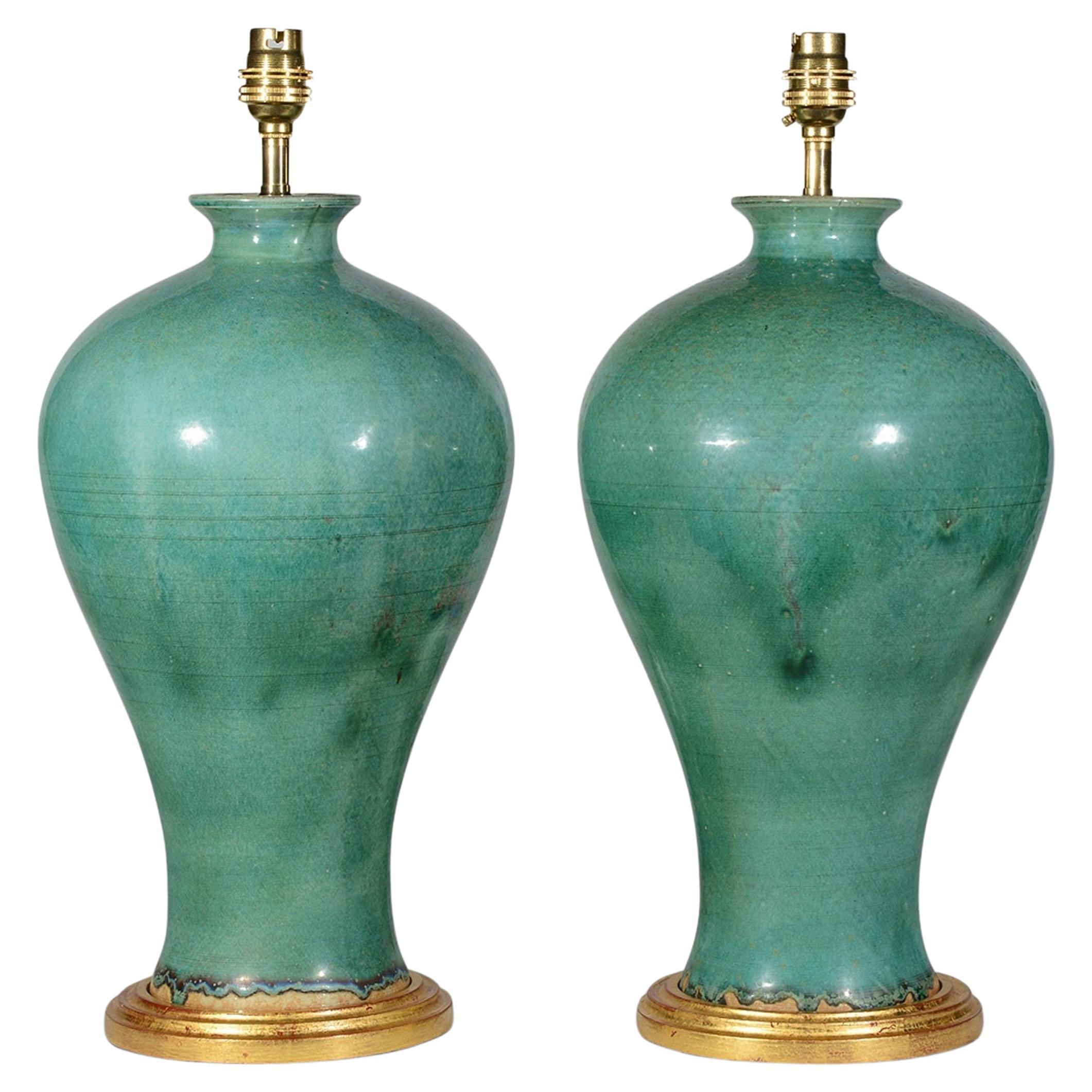 Pair of French 20th Century Antique Green Table Lamps For Sale