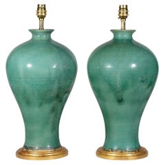 Pair of French 20th Century Antique Green Table Lamps