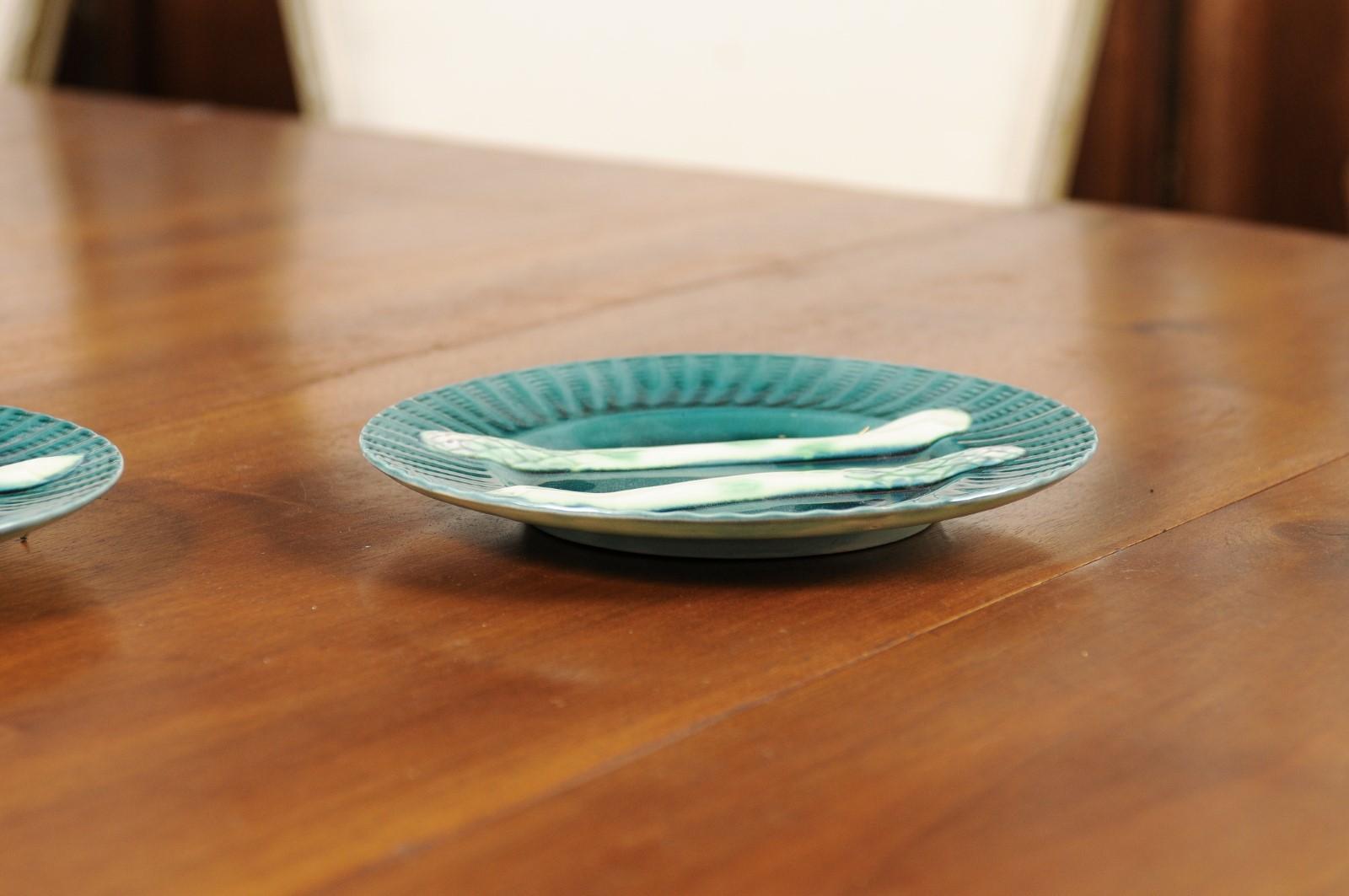 Pair of French 20th Century Asparagus Plates with Aqua Color and Rippled Accents For Sale 6