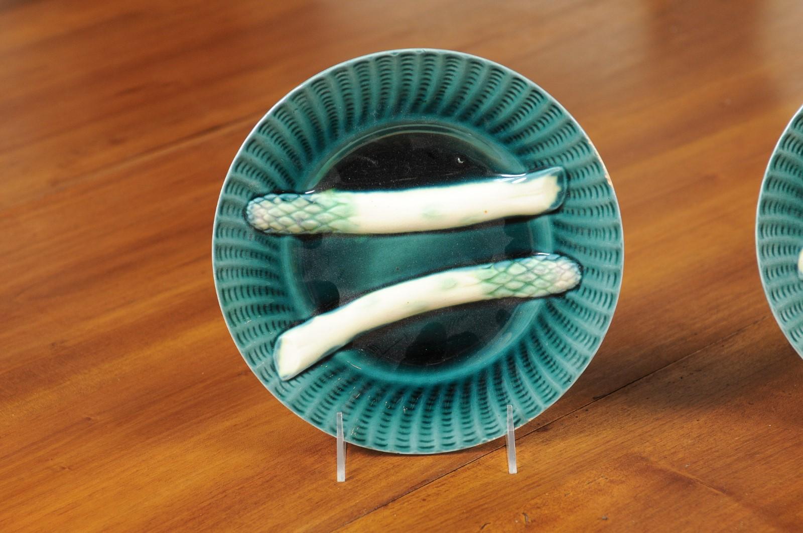 Majolica Pair of French 20th Century Asparagus Plates with Aqua Color and Rippled Accents For Sale