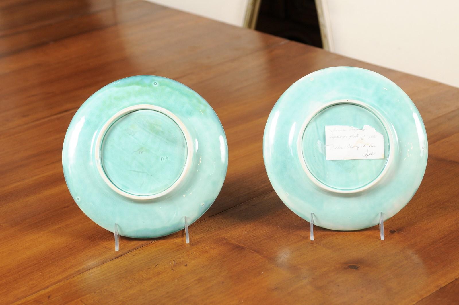 Pair of French 20th Century Asparagus Plates with Aqua Color and Rippled Accents For Sale 4
