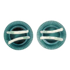 Pair of French 20th Century Asparagus Plates with Aqua Color and Rippled Accents