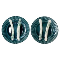 Vintage Pair of French 20th Century Asparagus Plates with Aqua Color and Rippled Accents