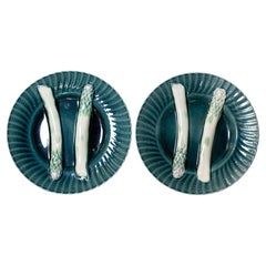 Pair of French 20th Century Asparagus Plates with Aqua Color and Rippled Accents