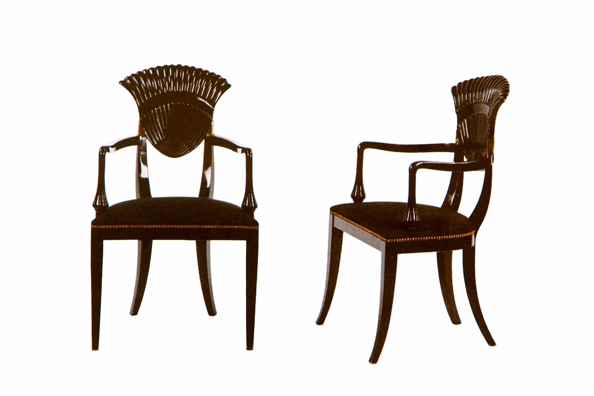 Brass Pair of French 20th Century Black Lacquered Armchairs For Sale