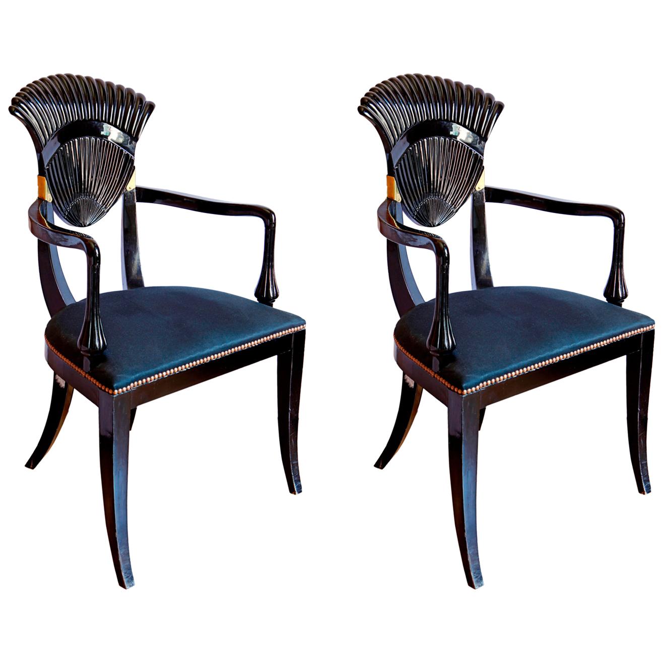 Pair of French 20th Century Black Lacquered Armchairs For Sale