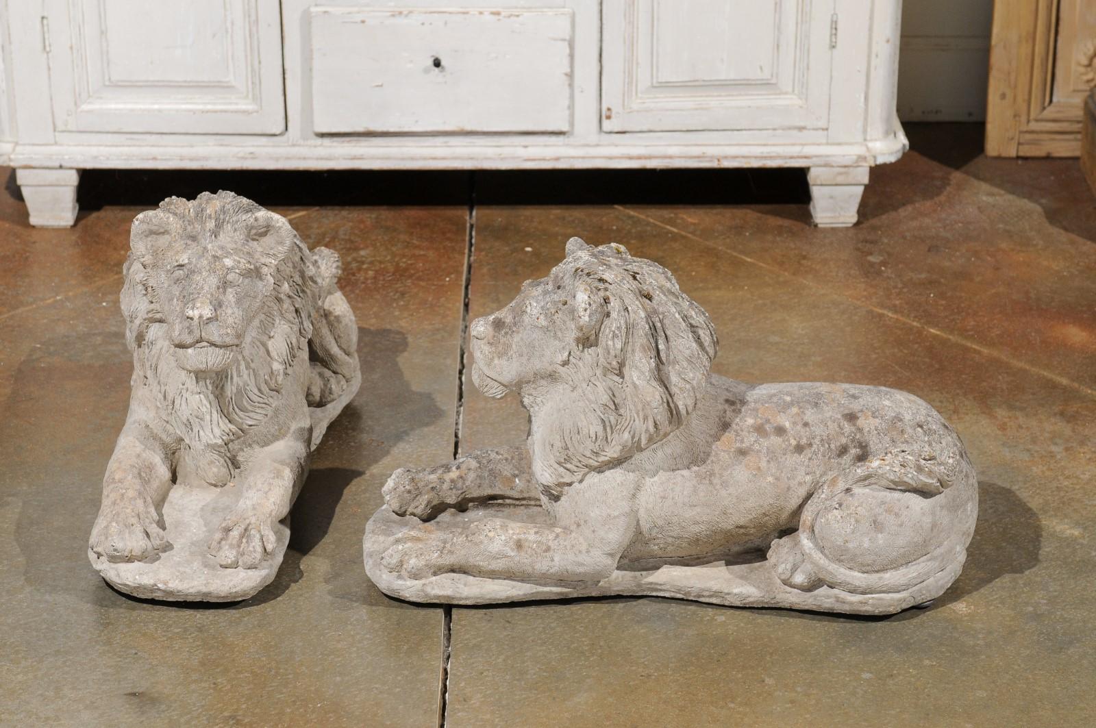 Pair of French 20th Century Cement Reclining Lion Sculptures with Patina 7