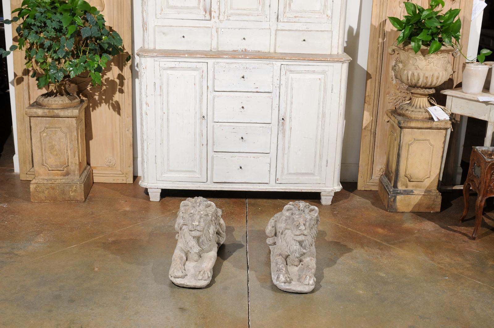 Pair of French 20th Century Cement Reclining Lion Sculptures with Patina 8