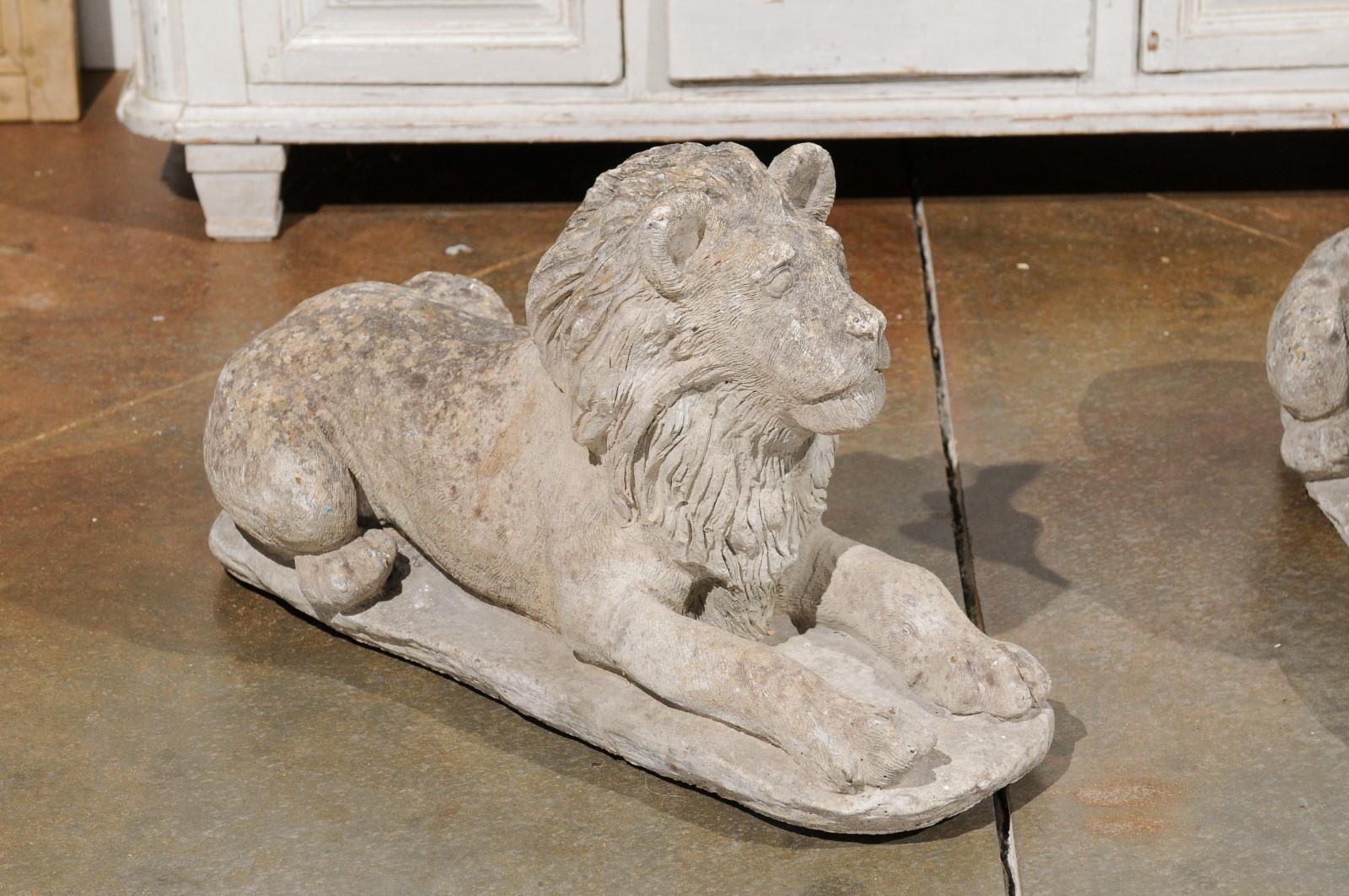 Pair of French 20th Century Cement Reclining Lion Sculptures with Patina 1