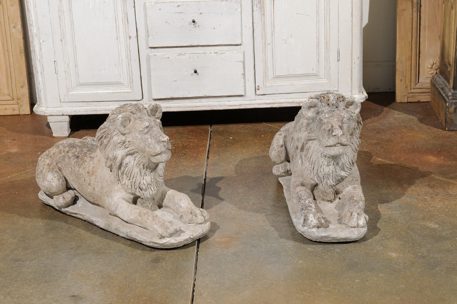 Pair of French 20th Century Cement Reclining Lion Sculptures with Patina 2