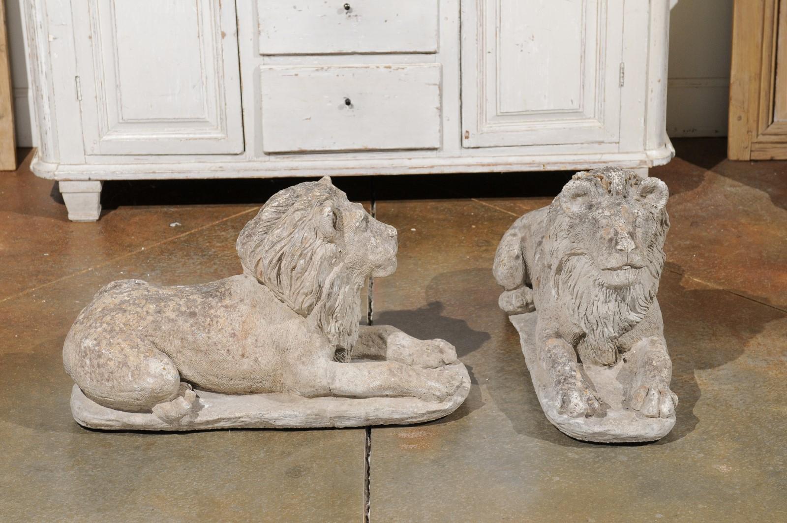 Pair of French 20th Century Cement Reclining Lion Sculptures with Patina 3