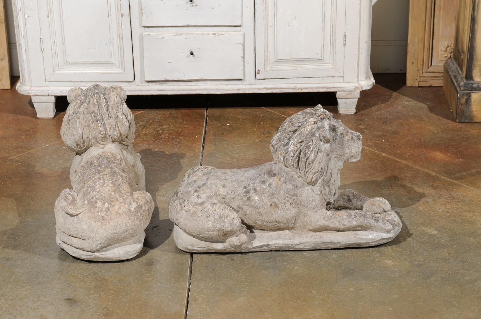 Pair of French 20th Century Cement Reclining Lion Sculptures with Patina 4