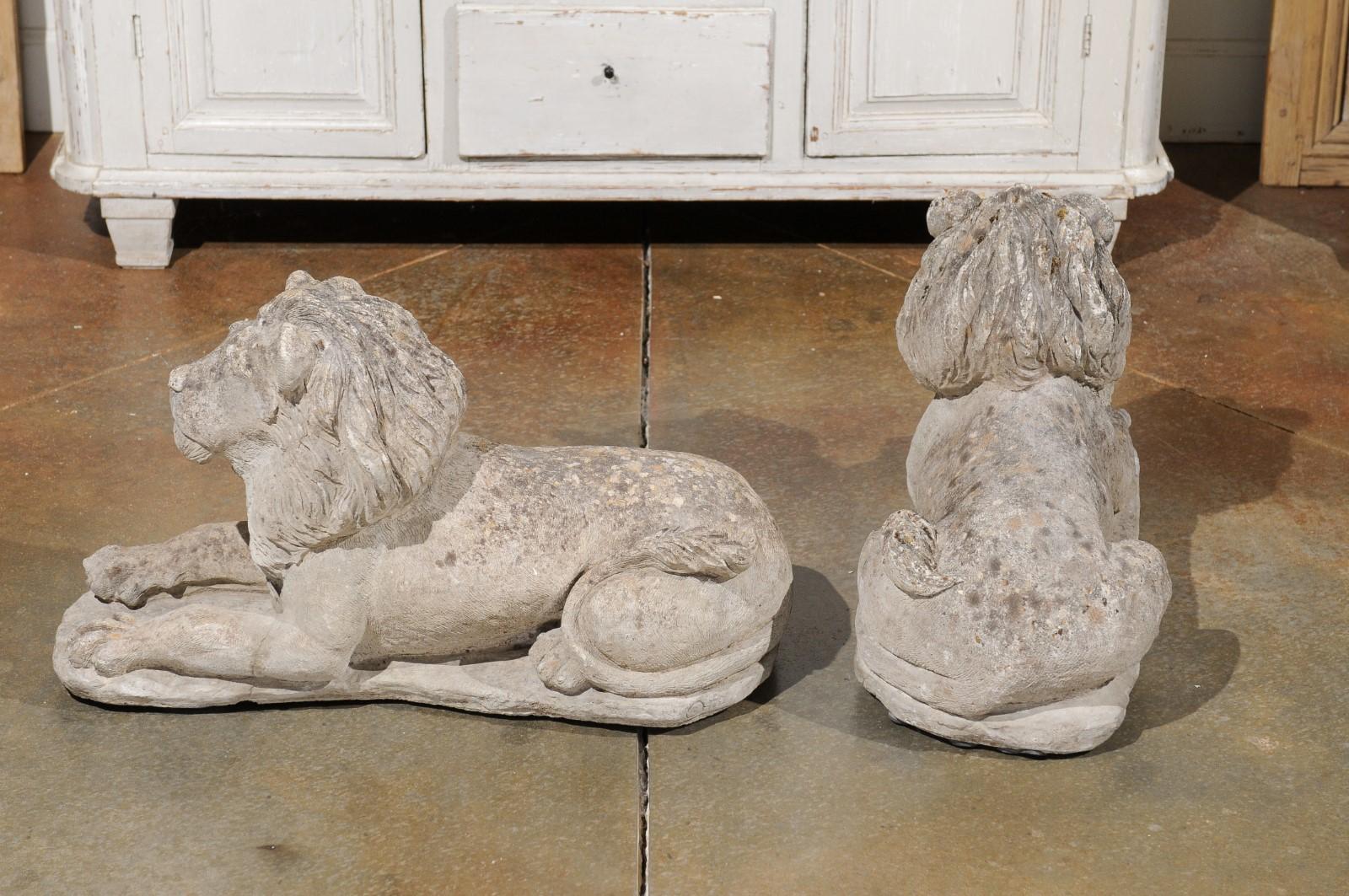 Pair of French 20th Century Cement Reclining Lion Sculptures with Patina 5