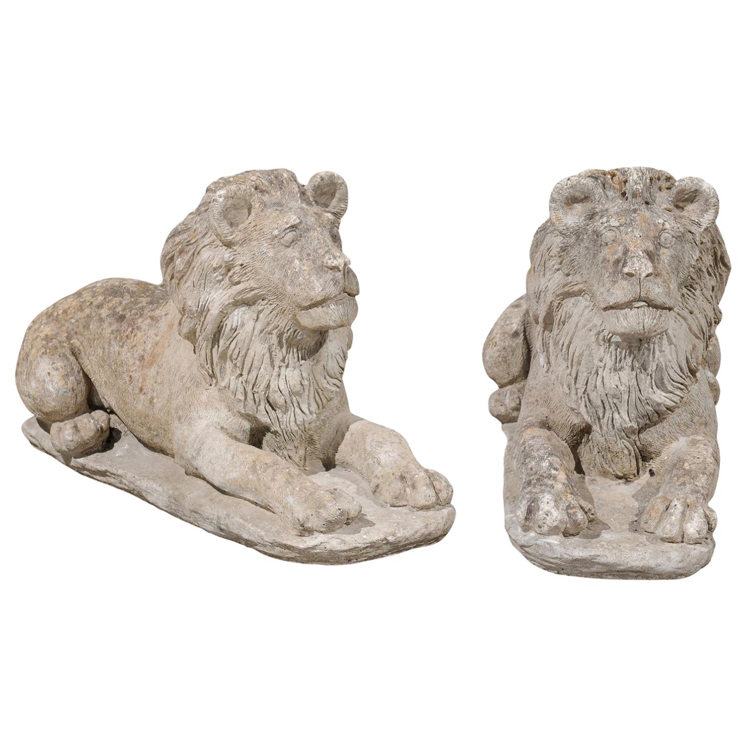 Pair of French 20th Century Cement Reclining Lion Sculptures with Patina