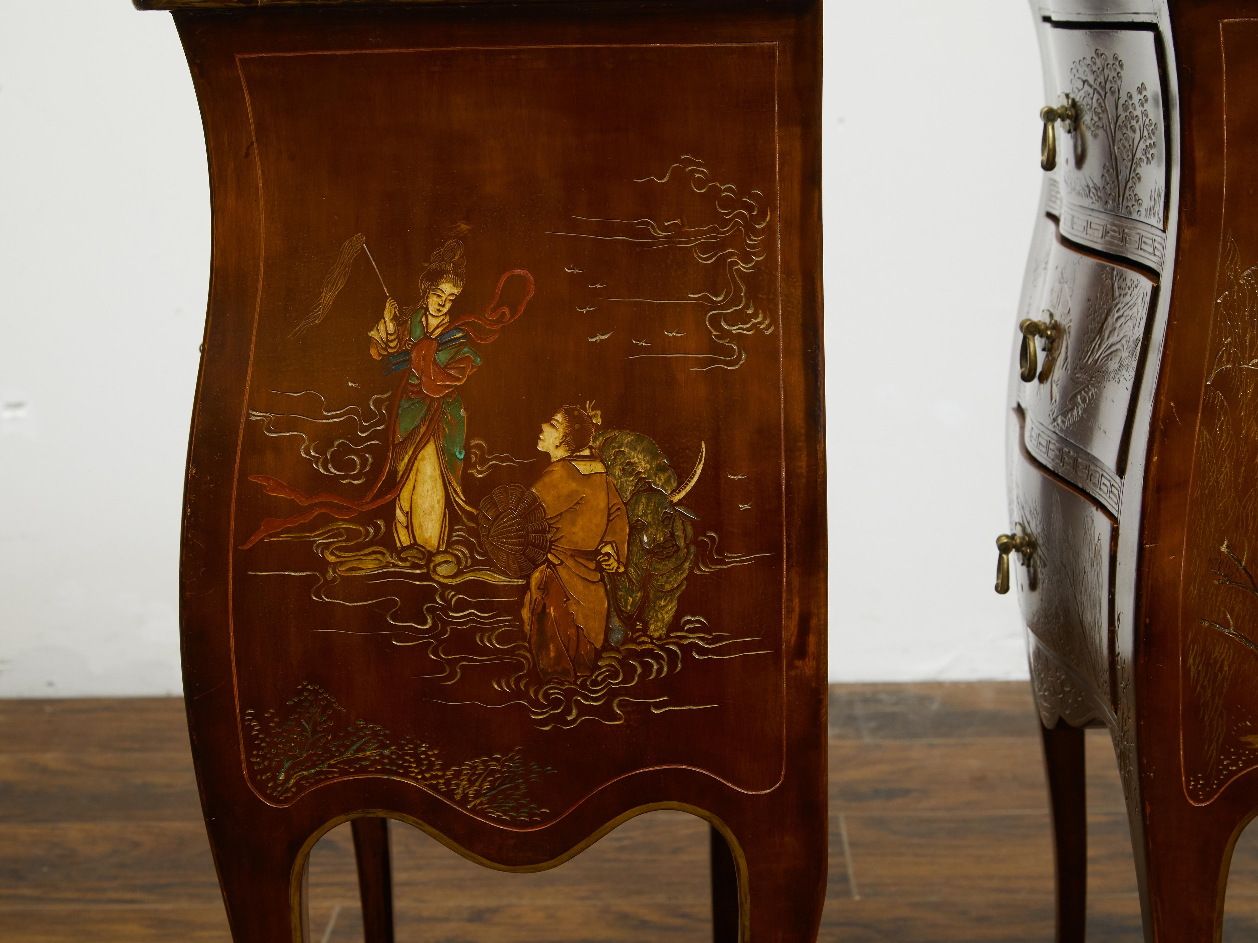 Pair of French 20th Century Chinoiserie Style Bedside Tables with Curving Legs 10
