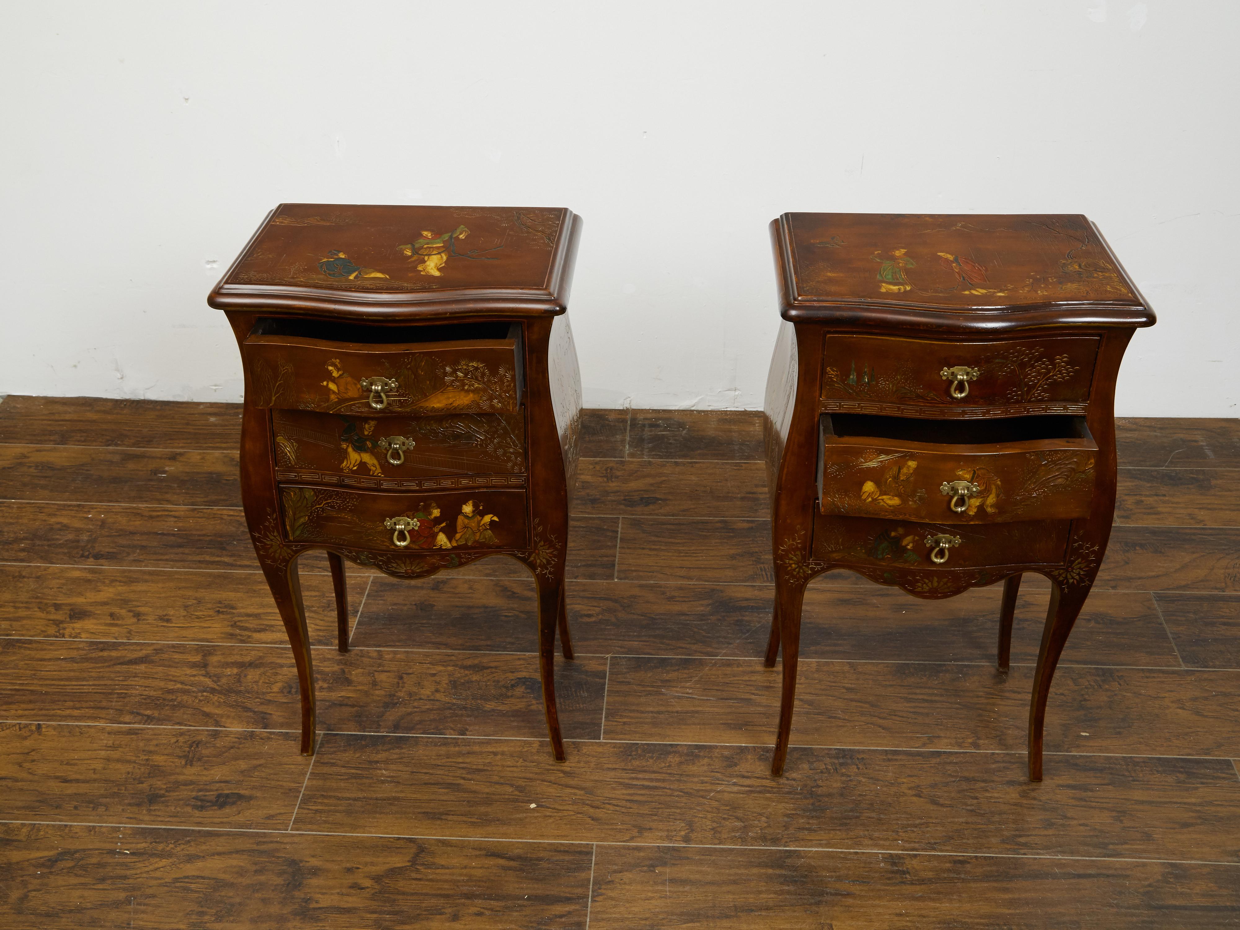 Wood Pair of French 20th Century Chinoiserie Style Bedside Tables with Curving Legs