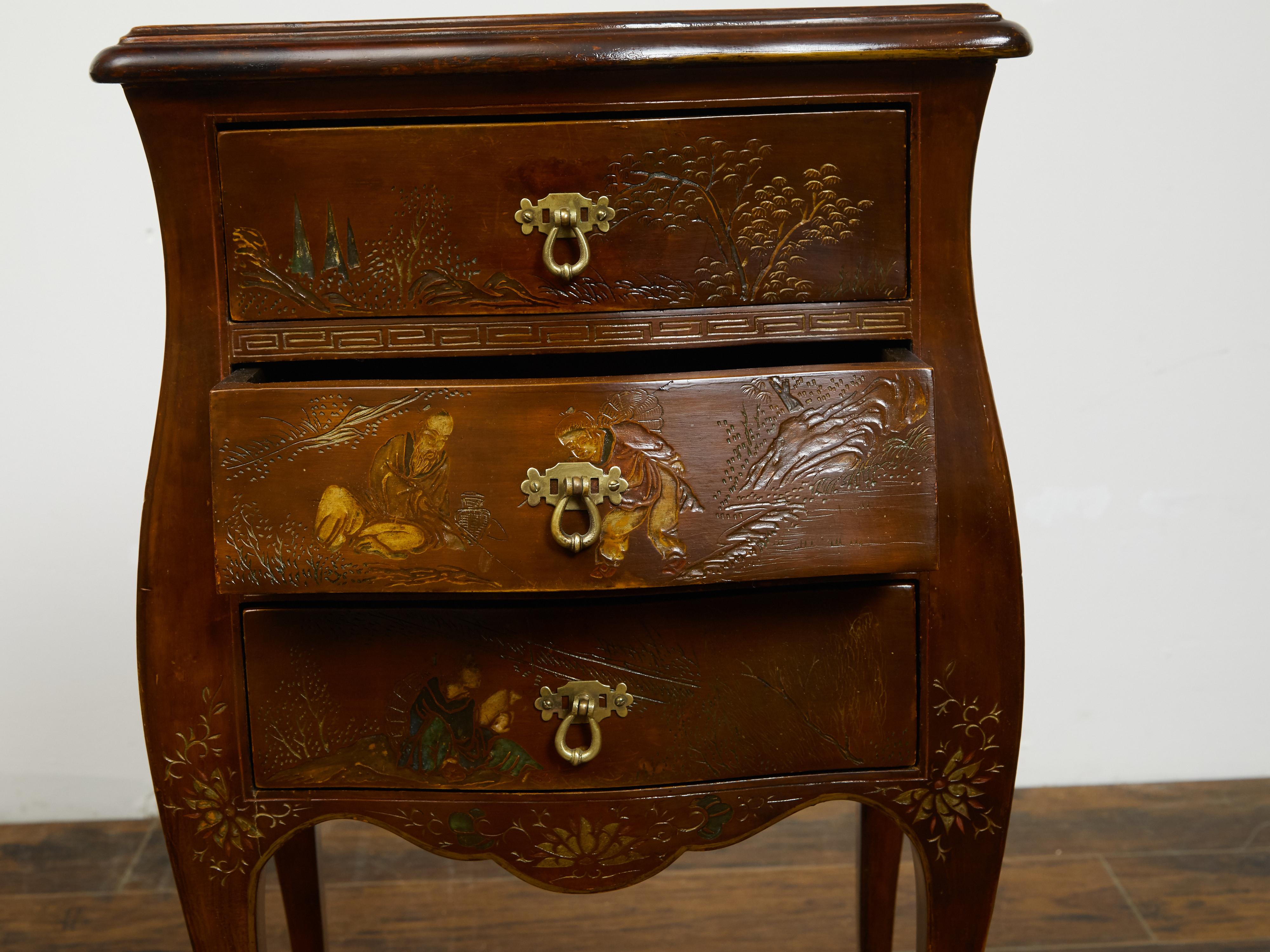 Pair of French 20th Century Chinoiserie Style Bedside Tables with Curving Legs 1