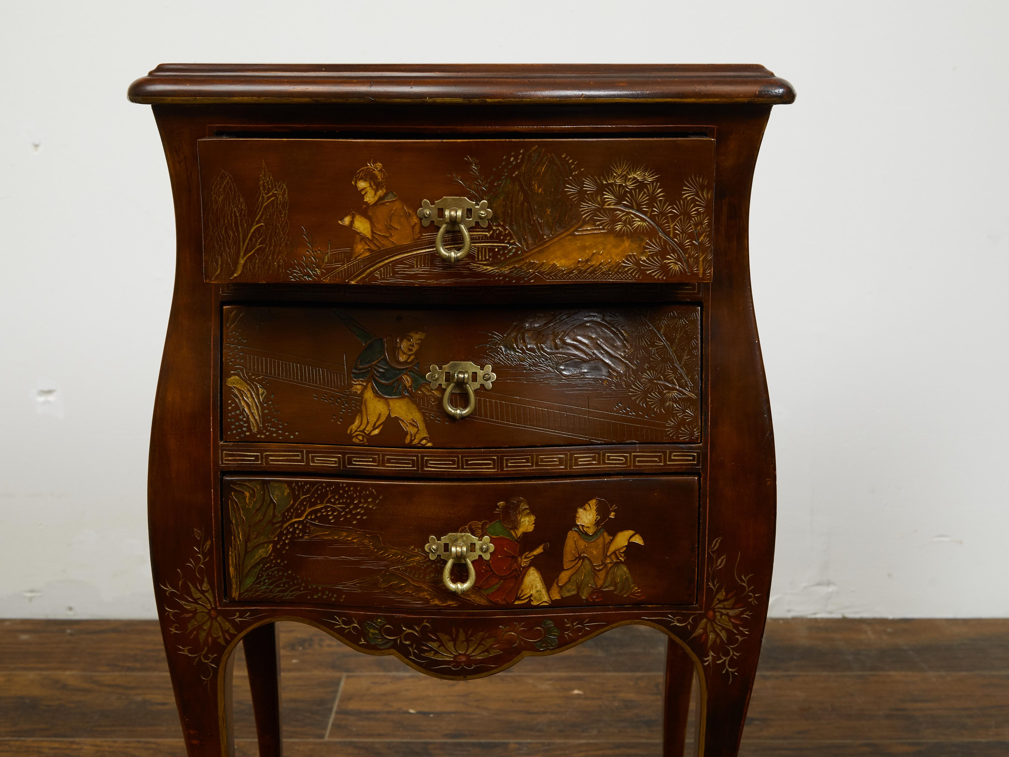 Pair of French 20th Century Chinoiserie Style Bedside Tables with Curving Legs 2