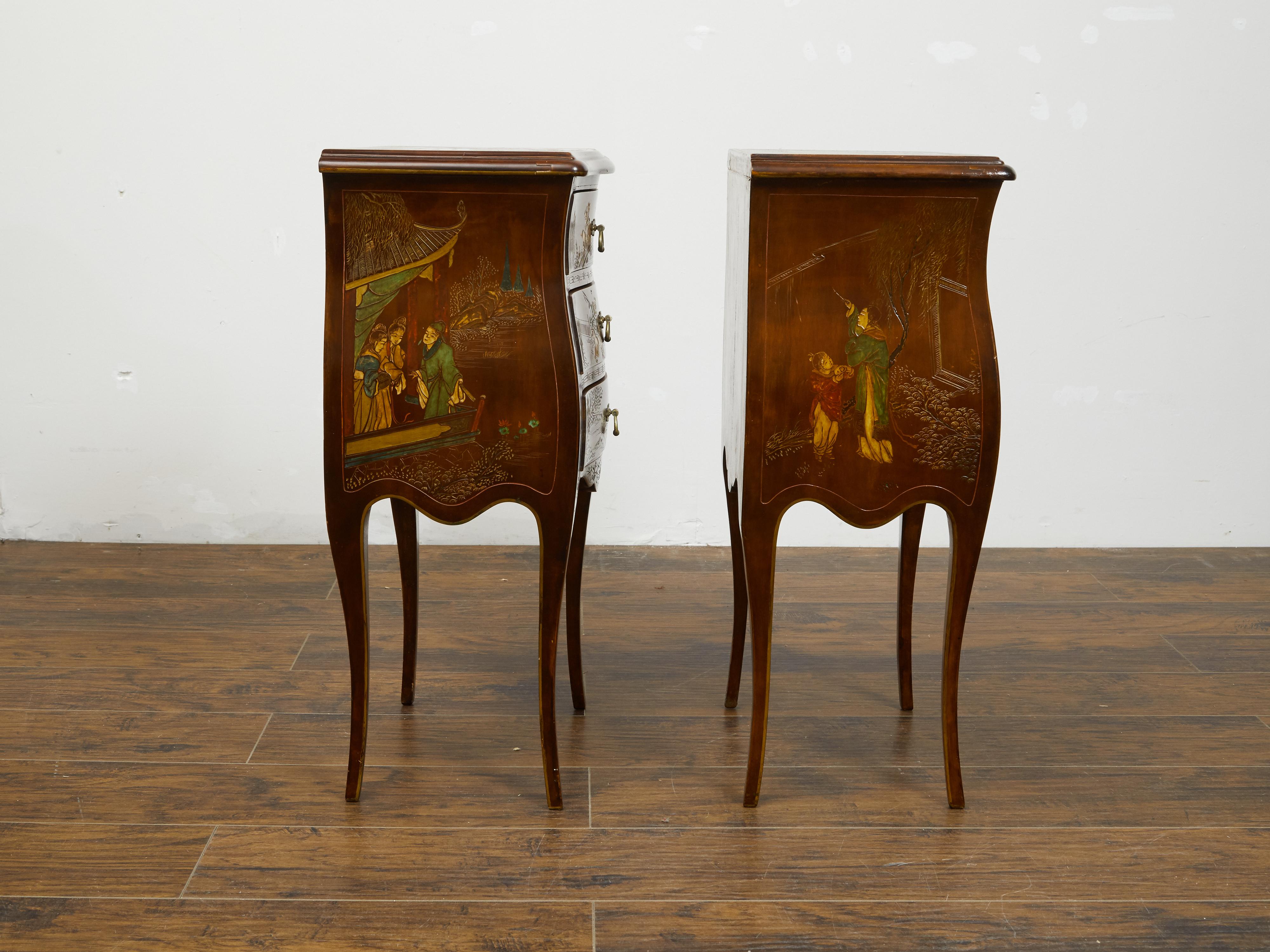 Pair of French 20th Century Chinoiserie Style Bedside Tables with Curving Legs 4