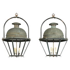 Pair of French 20th Century Copper Hexagonal Lanterns with Domed Tops