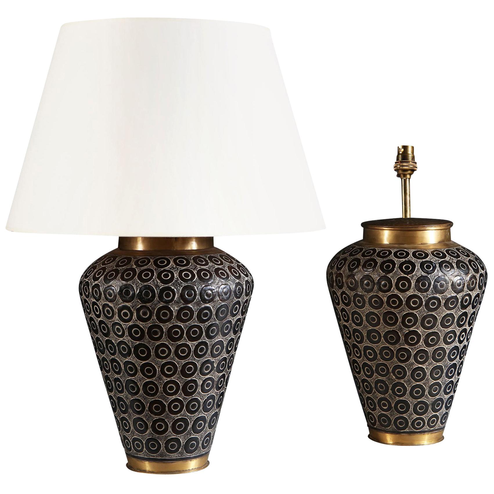 Pair of French 20th Century Large Punched Bronze Metal Lamps with Brass